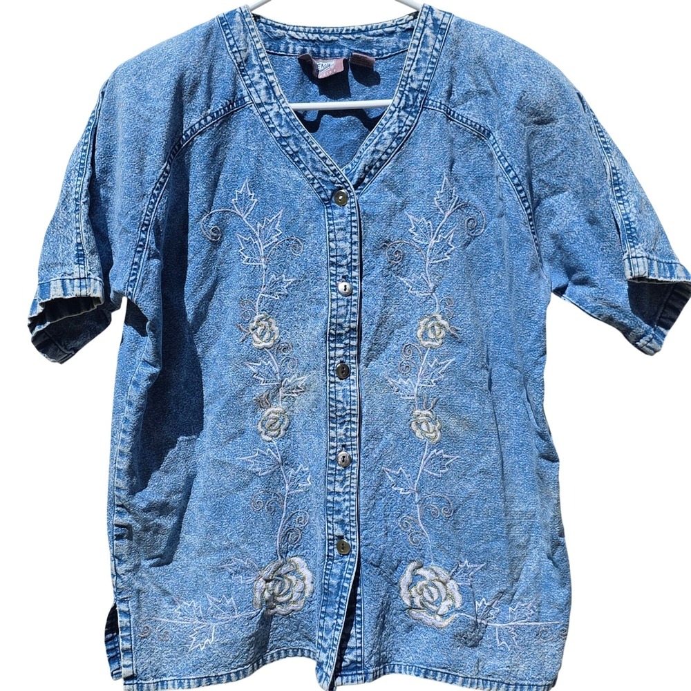 Premier International Vintage Denim Shirt Acid Wash Floral‎ Embroidered Blue M